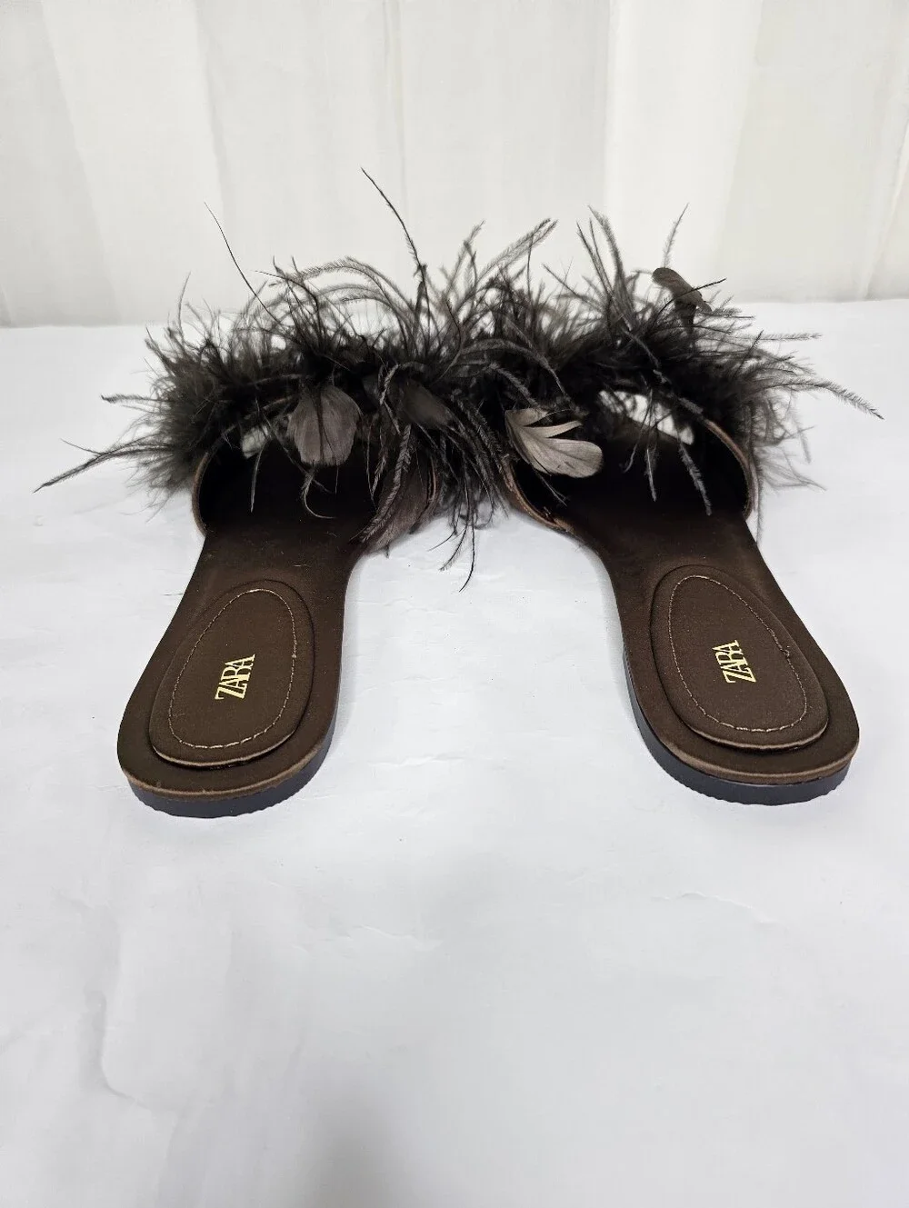 ZARA Feather Flat Sandals in Chocolate Brown Size 39 NEW
